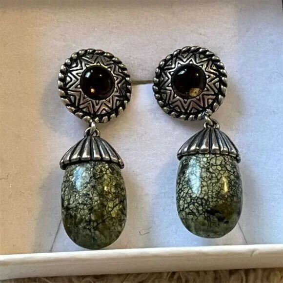 Carolyn Pollack Relios Sterling Silver Green Serpentine Dangle Earrings - Picture 1 of 7